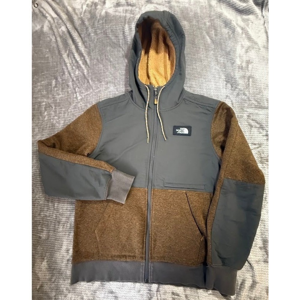 The North Face Mens Full Zip Fleece Jacket Grey Brown Sherpa Lined‎ Hooded